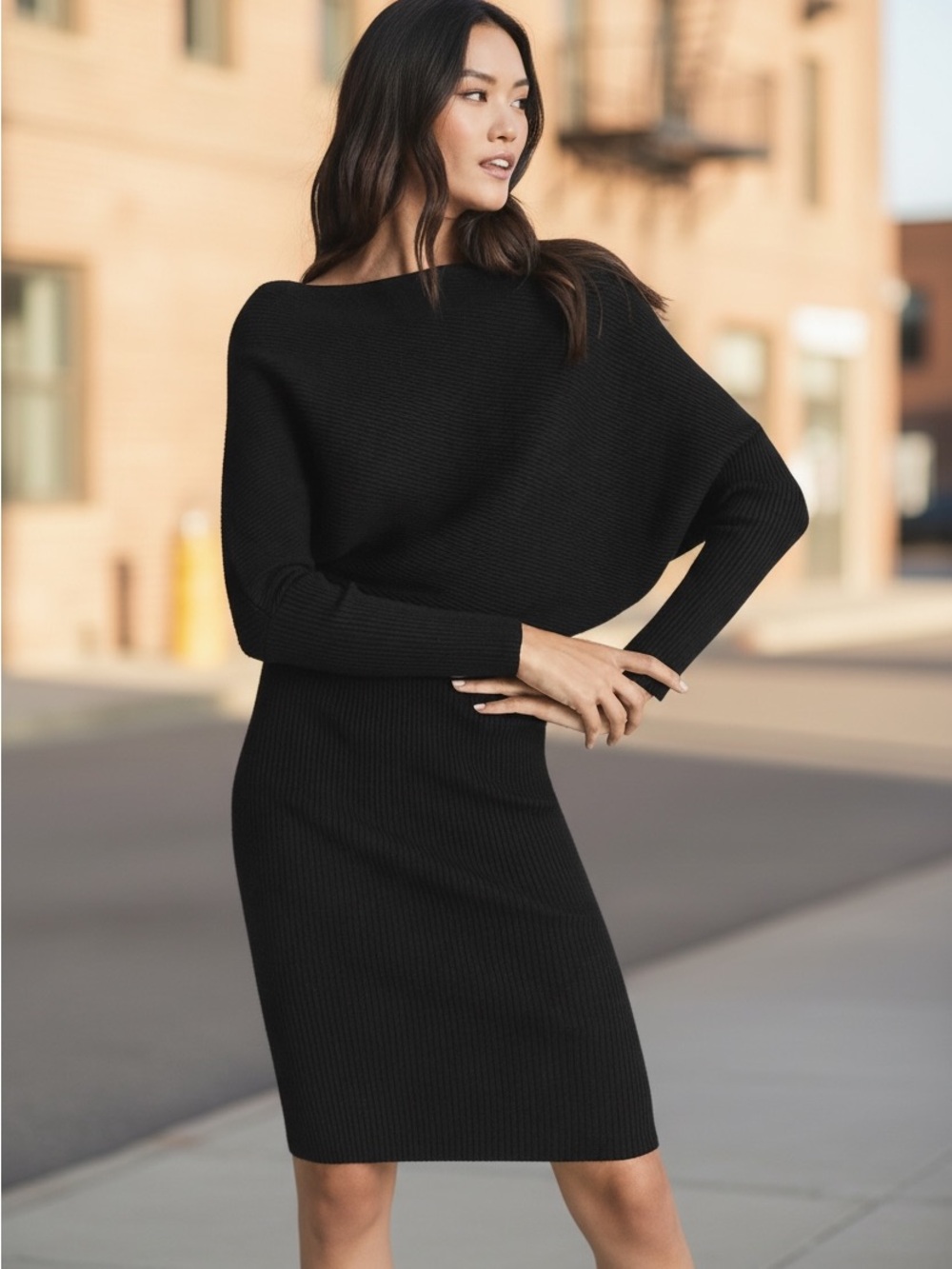 Reiss Off The Shoulder Black Long Sleeve Ribbed Knit Dress